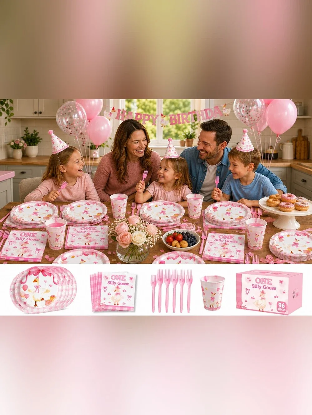 New 96Pc One Silly Goose Party Tableware Set Pink 1st Birthday Baby Shower Plate